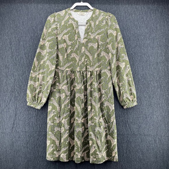 Boden Naomi Relaxed Jersey Dress Green Leopard Long Sleeve V-Neck Pockets US 8R